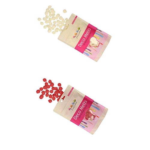 FunCakes - Decor Melts - 250g Ideal para Hacer gotitas o lineas sobre Bombones, piruletas o Cubrir Galletas, Frutas, y Mucho más!- Pack de Colores (Blanco y Rojo)