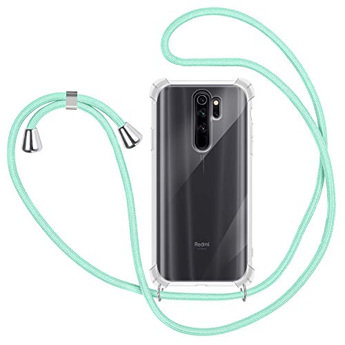 Funda con Cuerda para Xiaomi Redmi Note 8 Pro, Carcasa Transparente TPU Suave Silicona Case con Correa Colgante Ajustable Collar Correa de Cuello Cadena Cordón para Xiaomi Redmi Note 8 Pro Verde menta