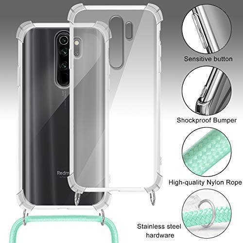 Funda con Cuerda para Xiaomi Redmi Note 8 Pro, Carcasa Transparente TPU Suave Silicona Case con Correa Colgante Ajustable Collar Correa de Cuello Cadena Cordón para Xiaomi Redmi Note 8 Pro Verde menta