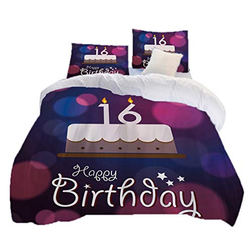 Funda nórdica Tamaño doble (150 x 200 cm) con 2 fundas de almohada Decoraciones De 16 Años Juegos de cama de microfibra Pastel Vela Aniversario del nacimiento Los mejores deseos Imagen joven,azul oscu