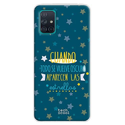 Funnytech® Funda Silicona para Samsung Galaxy A71 [Gel Silicona Flexible, Diseño Exclusivo] Frase Cuando Todo se vuelve Oscuro Fondo Azul