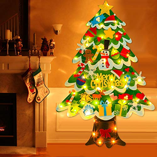 FunPa Fieltro Árbol de Navidad, Árbol de Navidad DIY con 50 Luces LED 35 Unids Adornos Navidad Decoración Colgante para Niños arbol de Navidad Cafe Hotel casa decoración