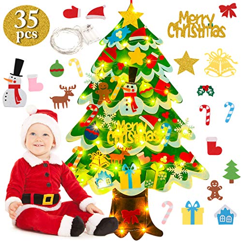 FunPa Fieltro Árbol de Navidad, Árbol de Navidad DIY con 50 Luces LED 35 Unids Adornos Navidad Decoración Colgante para Niños arbol de Navidad Cafe Hotel casa decoración