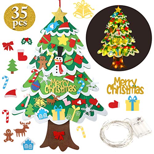 FunPa Fieltro Árbol de Navidad, Árbol de Navidad DIY con 50 Luces LED 35 Unids Adornos Navidad Decoración Colgante para Niños arbol de Navidad Cafe Hotel casa decoración