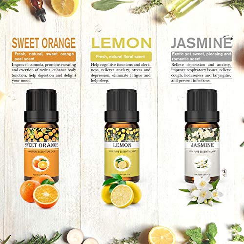 Funria Aceites Esenciales, 100% Puro y Natural Aceites Esenciales de Aromaterapia para Difusor - Set de Aceite Perfumado de Lavanda, Menta, Limón, Naranja Dulce, Jazmín, Orquídea, 6 x 10ML