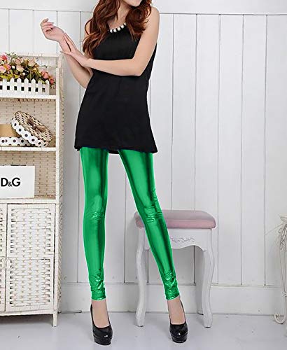 Furein Leggins para Mujer Elásticos Cómodos Acabado Colores Brillantes Metalizados Imitación Cuero con Cintura Elástica (Verde, XXL/XXXL)