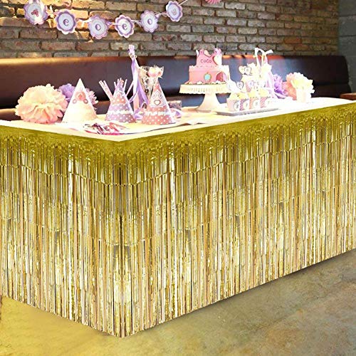 Furnoor borla decorativa mesa falda para la mesa redonda rectangular del cumpleaños del banquete de boda elegante durable(dorado)