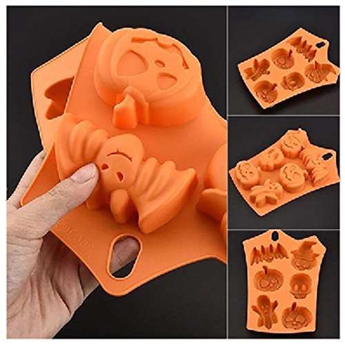 Fyuan 1pcs Funny Bat Pumpkin Face Skull Ghost Halloween Silicona Fondant Cake Molde Chocolate/Sugar Craft/Ice Cube Tray, 23 * 16.5 * 3CM - Naranja