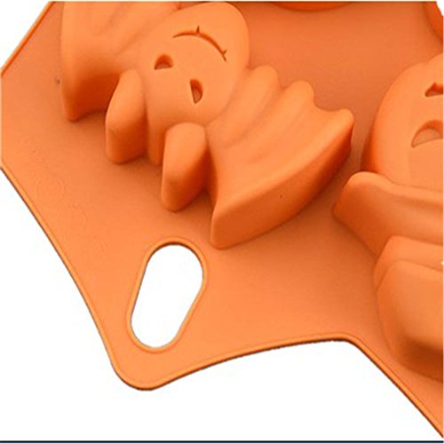 Fyuan 1pcs Funny Bat Pumpkin Face Skull Ghost Halloween Silicona Fondant Cake Molde Chocolate/Sugar Craft/Ice Cube Tray, 23 * 16.5 * 3CM - Naranja