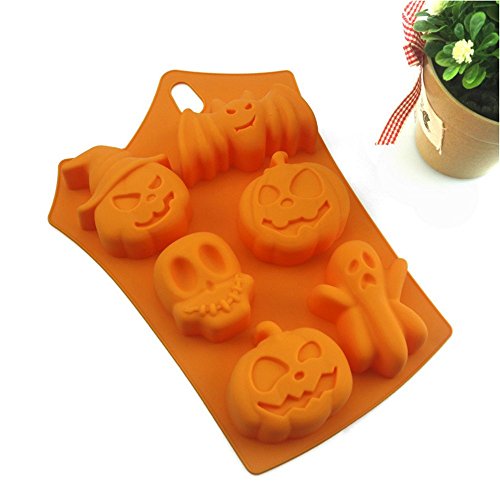 Fyuan 1pcs Funny Bat Pumpkin Face Skull Ghost Halloween Silicona Fondant Cake Molde Chocolate/Sugar Craft/Ice Cube Tray, 23 * 16.5 * 3CM - Naranja