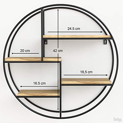 Gadgy ® Estanteria Pared Redonda l con 4 estantes l Estantes Flotantes de Pared l Madera 100% Natural y Metal Soldado Firme l Estilo Industrial/Escandinavo l Ø 42 x 10 cm