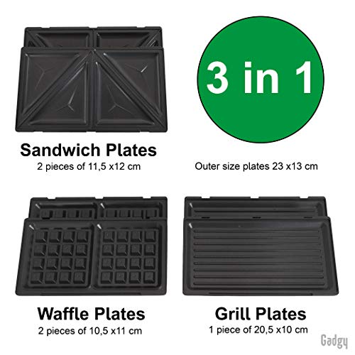 Gadgy ® Gofrera sandwichera 3 en 1 l Placas Desmontables l con Asas de Cool Touch, Pies Antideslizantes | 2 Luces Indicadoras de Control