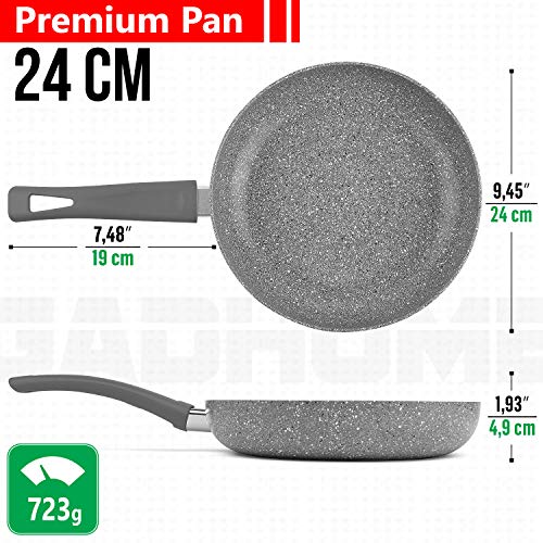 GadHome Premium 24cm Sartén Antiadherente | Bandeja de Inducción de Aluminio de Alta Calidad con Mango Ergonómico | Efecto de Granito de Piedra Gris