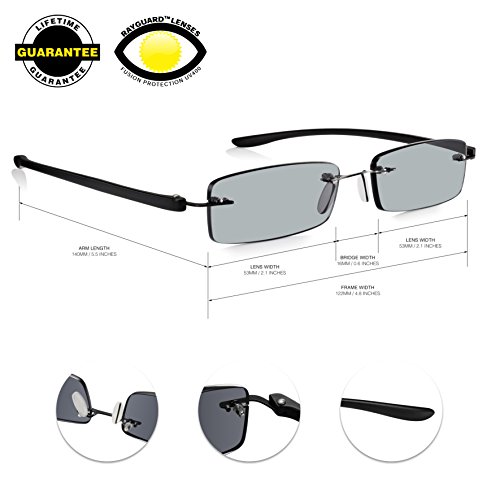 Gafas de Sol Graduadas READ OPTICS de Lectura Hombre/Mujer: Lentes para Leer +2.5 Dioptrías-Tintadas con Protección UV-400 | Ligeras y Resistentes Sin Marco con Varillas en Negro Mate de Policarbonato