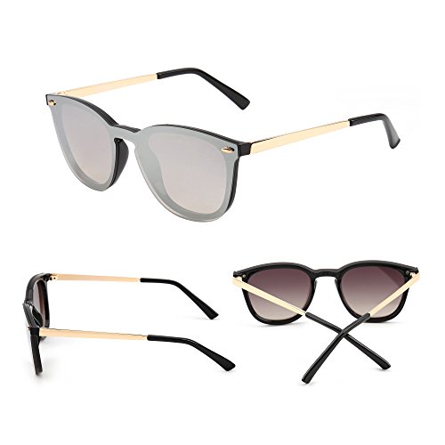 Gafas de Sol Sin Montura Una Pieza de Espejo Reflexivo Anteojos Para Hombre Mujer(Negro Brillante/Plateado Espejo)