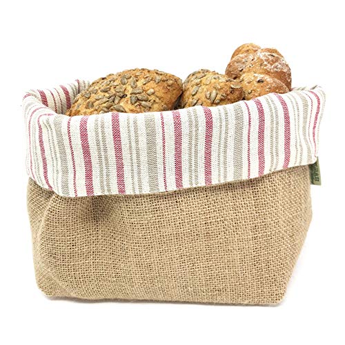 Gaidra Panera Cesta de Pan pancillos en Tela de Yute y algodón Doubleface - Bolsa de diseño artesanía de Calidad en Fibras Naturales - Líneas, Rojo, 28 x 20 x 10 cm