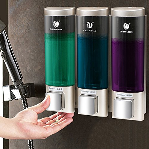 Galapara Dispensadores de jabón, Jabonera de loción líquido manuales Montado en la Pared Champú de Tres cámaras Caja Champú Gel de Ducha Dispensadores de jabón Baño de Inodoro Dispensador y Soporte