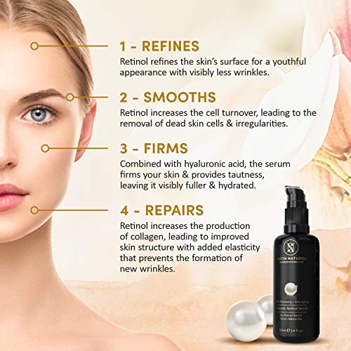 GANADOR 2020* Serum Facial de Retinol ORGÁNICO - 3 VECES MAYOR 100ml - Sistema 3-Retinol de Liberación Sostenida con un Complejo de 25% de Vitamina C, Acido Hialuronico, Aloe vera –Hecho en Alemania