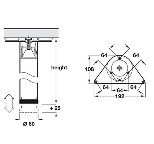 Gedotec Patas de mesa de metal de altura ajustable de acero inoxidable - H1712 | Altura 710 mm | Ø 60 mm | material de fijación - soporte para encimeras de cocina - Juego de 4