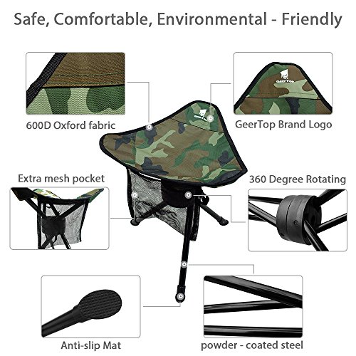 GEERTOP Trípode Plegable Silla Giratoria Completa Rotación de 360 Grados Heavy Duty Taburete para Acampar Pesca Senderismo Caza al Aire Libre