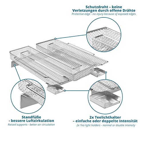 Generador de Humo frío para Parrillas - Ahumador de Acero Inoxidable en Forma de M-190x225x45 mm-Ahumador Barbacoa de 5 a 20 Horas - Bono: ¡Ganchos para ahumar y Polvo de Madera para ahumar