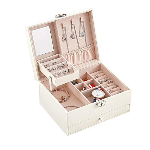 GeWu888 Delicado Joyero, Gran Caja de la joyería Espacio con Cerradura Multi-cedazo por los Pendientes del Collar Joyas Pulseras Organizador para el hogar (Color : White, Size : 22.5x17.5x11.5cm)