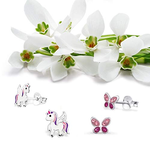 GH* KIDS 2 pares Mini Ohrstecker cristal Schmetterling + Pegasus Unicornio 925 Echt plata niñas niños Ohrringe