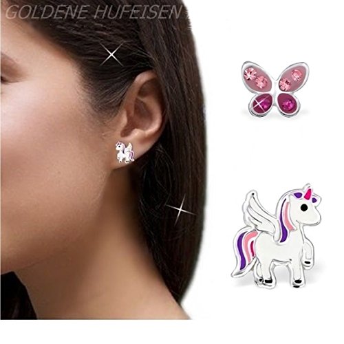 GH* KIDS 2 pares Mini Ohrstecker cristal Schmetterling + Pegasus Unicornio 925 Echt plata niñas niños Ohrringe