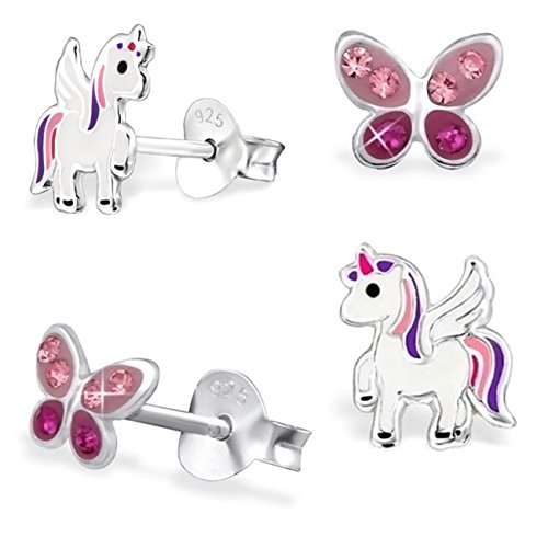 GH* KIDS 2 pares Mini Ohrstecker cristal Schmetterling + Pegasus Unicornio 925 Echt plata niñas niños Ohrringe