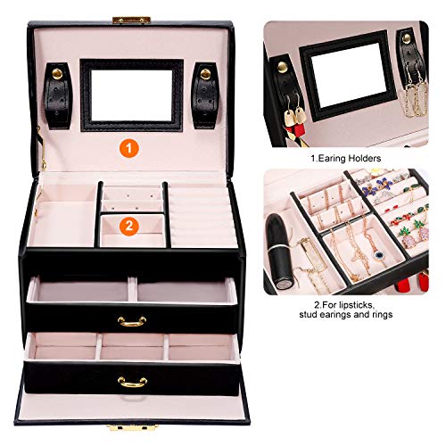 Gifort Caja Joyero, Caja para Joyas con Espejo y Cajones Estuche de Joyas con Cerradura para Pendientes, Collares, Pulseras, Relojes