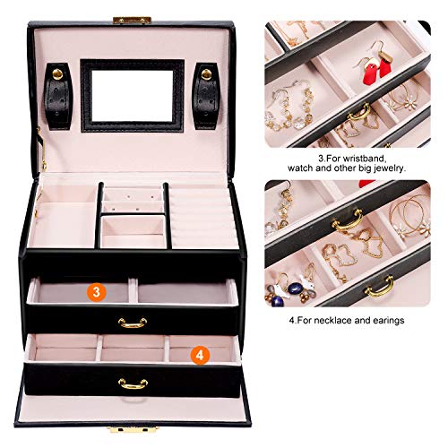 Gifort Caja Joyero, Caja para Joyas con Espejo y Cajones Estuche de Joyas con Cerradura para Pendientes, Collares, Pulseras, Relojes