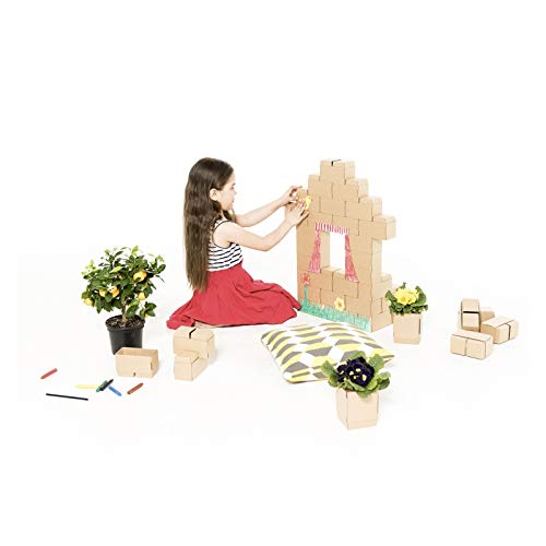 Gigi Bloks Bloques de Construcción Gigantes de Cartón | Set de Regalo Puzzle de Casa y Gato con 30 Ladrillos Apilables XL, Plantillas, Pinturas y Pegatinas | Juegos de Habilidad para Niños