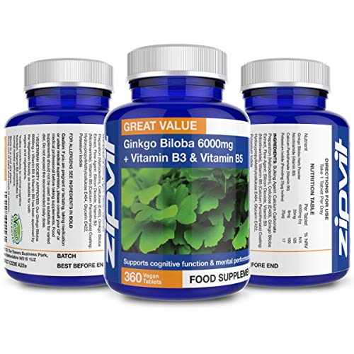 Ginkgo Biloba 6000mg Extracto estandarizado de hojas, 360 Tabletas Veganas con Vitamina B3 y B5. Aprobado por la Sociedad Vegetariana. Fabricado en el Reino Unido. Suministro por 12 meses.