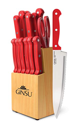 Ginsu® Set de 14 Piezas Gourmet KISO™, Cuchillos de Acero Inoxidable Japonés, con Mango de Color Rojo, aptos para lavavajillas y Bloque de Madera de Acabado Natural