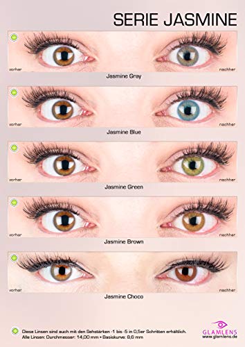 GLAMLENS lentillas de colores azules Jasmine Blue + contenedor. 1 par (2 piezas) - 90 Días - Sin Graduación - 0.00 dioptrías - blandos - Lentes de contacto azul de hidrogel de silicona