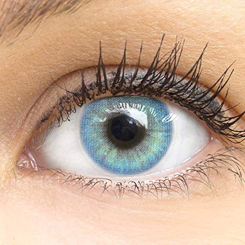 GLAMLENS lentillas de colores azules Jasmine Blue + contenedor. 1 par (2 piezas) - 90 Días - Sin Graduación - 0.00 dioptrías - blandos - Lentes de contacto azul de hidrogel de silicona