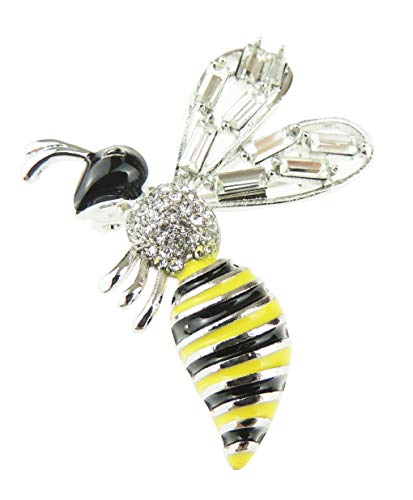 Glamour Girlz - Broche de Solapa para Mujer, diseño de Abeja de Miel, Color Negro y Plateado, Esmalte de Cristal, diseño de Rayas, Color Amarillo pálido