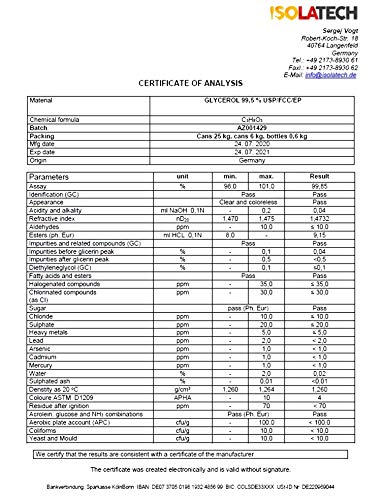 Glicerina 99.5% grado farmacéutico, vegetal puro, glicerina glicerol líquido transparente Botella de 5L (contenido 6kg)