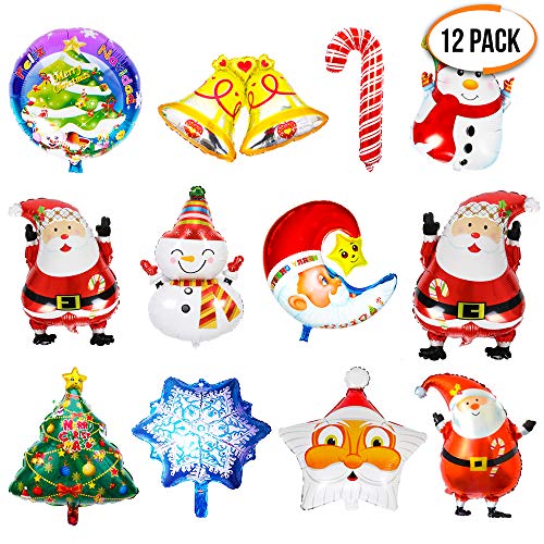 Globos de Helio de Navidad - Paquete de 12 Diseños Surtidos - Árbol de Navidad, Estrella, Papá Noel, Muñeco de Nieve, Copo de nieve y Campanas - para fiestas, accesorios y decoraciones para niños