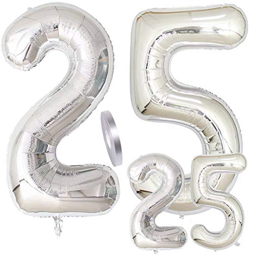 Globos Número 25 Cumpleaños Plata, Helio Globo de Papel Aluminio Gigante Número 25 en 2 Tamaños 40"y 16" con Cinta | Set XXL 100cm + Mini 40cm | Cuatro Numeros | Ideal Decoración de Fiesta