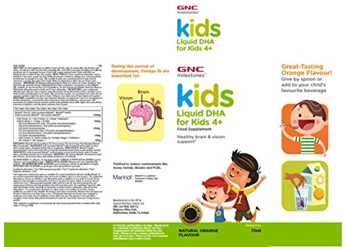 GNC Milestones® Kids Liquid DHA, sabor a naranja natural, para niños de 4 años en adelante, apoya el cerebro y la visión saludables