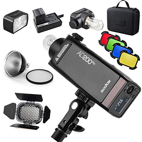 Godox AD200 Pro Version, 200Ws 2.4G Flash, 1/8000 HSS, 500 Flashes a Plena Potencia, 0.01-2.1s Recycling, Tiempo de Reciclaje para DSLR cámara con Kit BD-07 Barndoor y difusor