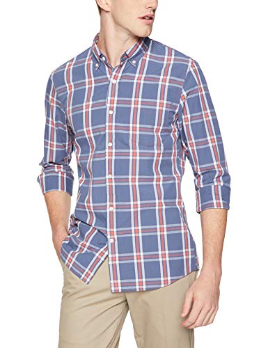 Goodthreads – Camisa de popelín a cuadros de manga larga de corte entallado y cuello abotonado para hombre, Azul (Denim Multi Plaid Den), US M (EU M)