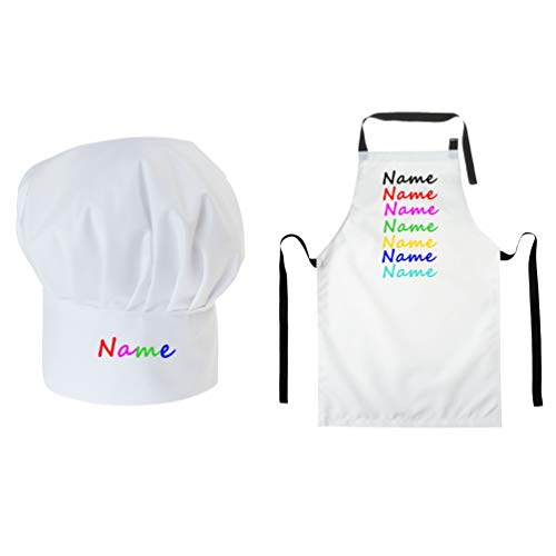 Gorro Cocinero + Delantal de cocina para niños de niño Bebé de Cocina ajustable con velcro Gorro de Chef con nombre/con texto Blanco [099]