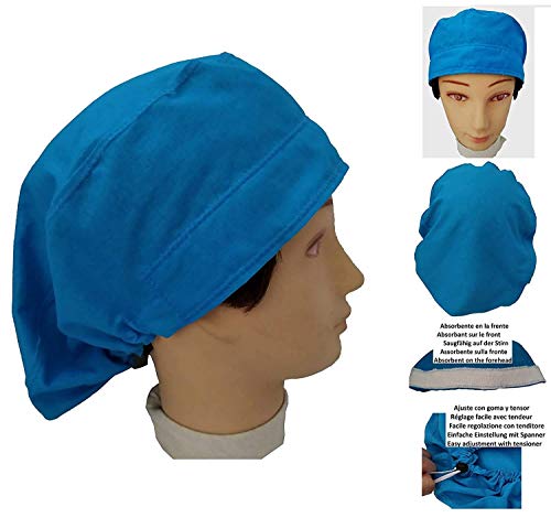 Gorros quirofano mujer AZUL para Pelo Largo, Enfermera, Cirujana, Dentista Veterinaria Cocinera con Absorbente en la frente, ajustable al gusto