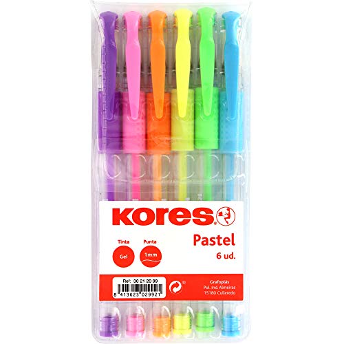 Grafoplás Blister 6 Unidades BOLÍGRAFO Tinta Gel Pastel KORES Azul Lila Rosa Naranja Amarillo Verde Punta 1MM