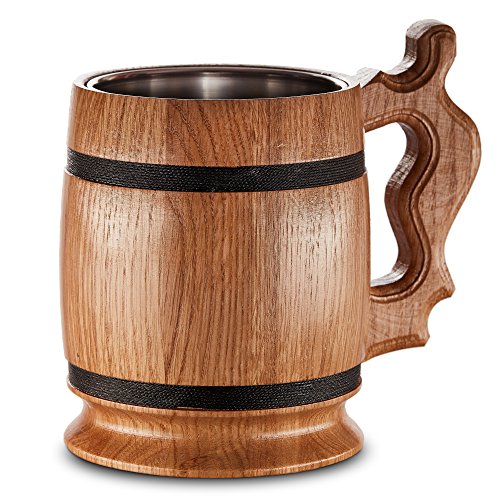 Gran Jarra de Cerveza de Madera – Roble – Confección Artesana con Materiales de Calidad – Revestida con Metal – Resistente – Robusta – Duradera