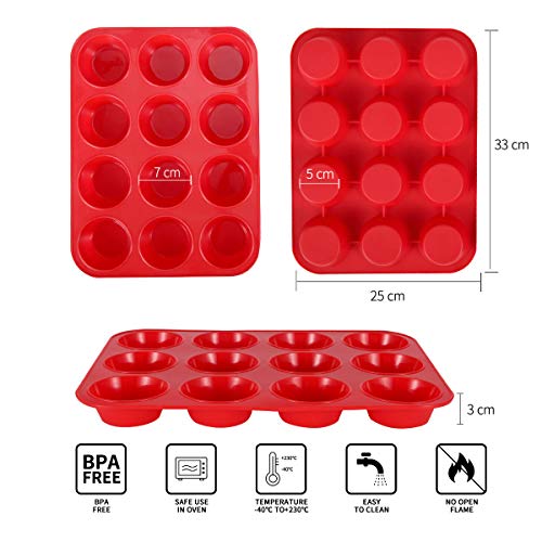 Grande Molde de Silicona para 12 Magdalenas, Juego de 2 Bandejas para Hornear Muffin con Recubrimiento Antiadherente para Muffins, Cupcake, Brownie, Budín 33 x 25x 3 cm (Rojo)