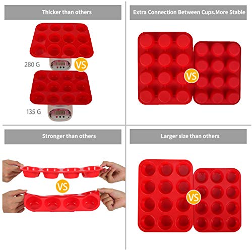 Grande Molde de Silicona para 12 Magdalenas, Juego de 2 Bandejas para Hornear Muffin con Recubrimiento Antiadherente para Muffins, Cupcake, Brownie, Budín 33 x 25x 3 cm (Rojo)