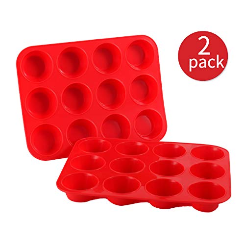 Grande Molde de Silicona para 12 Magdalenas, Juego de 2 Bandejas para Hornear Muffin con Recubrimiento Antiadherente para Muffins, Cupcake, Brownie, Budín 33 x 25x 3 cm (Rojo)